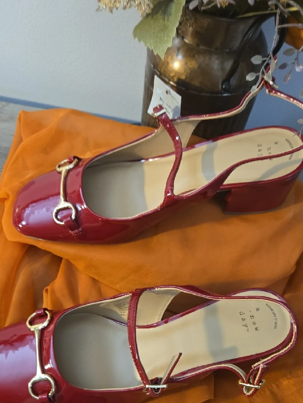 a new day Red Patent Slingback Block Heels with Gold Buckle - Picture 3 of 4